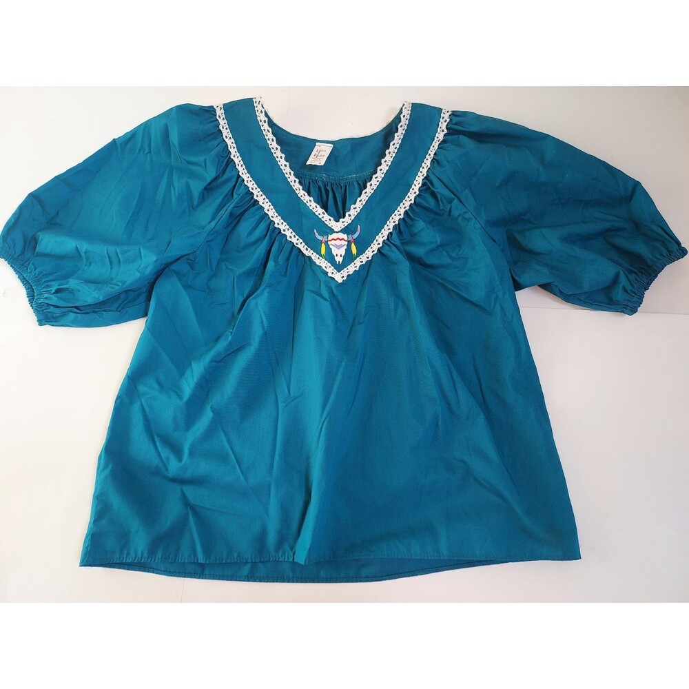 Vintage 70’s Ladies Malco Modes Teal Square Dance SS Top W/Puff Sleeves Size M